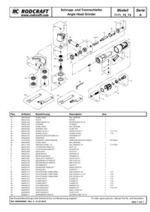 Prima pagină: Vedere explodată și lista de piese Polizor unghiular pneumatic 125 mm Rodcraft RC7173
