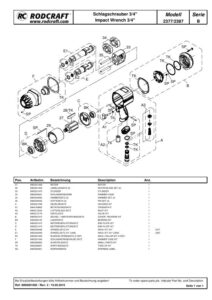 Prima pagină: Vedere explodată și lista de piese — 2/3 Pistol de impact pneumatic 3/4″ Rodcraft RC2377