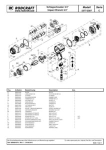 Prima pagină: Vedere explodată și lista de piese — 1/3 Pistol de impact pneumatic 3/4″ Rodcraft RC2377