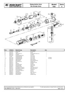 Prima pagină: Vedere explodată și lista de piese Polizor drept pneumatic 6 mm cu ax scurt Rodcraft RC7028