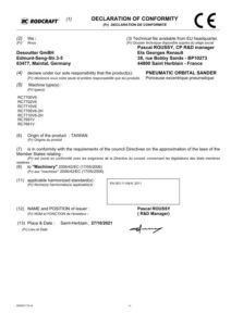 Prima pagină: Declarație de conformitate CE Șlefuitor pneumatic cu excentric 150 mm Rodcraft RC7710V6