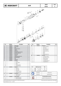 Prima pagină: Vedere explodată și lista de piese Mașină de găurit pneumatică dreaptă Rodcraft RC4610