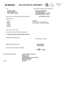 Prima pagină: Declarație de conformitate UKCA Cric hidraulic pneumatic Rodcraft ATJ50-3