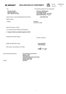 Prima pagină: Declarație de conformitate UKCA Pistol pneumatic pentru cartușe Rodcraft RC8000