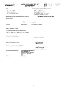 Prima pagină: Declarație de conformitate UKCA Ferăstrău pneumatic cu angrenaje Rodcraft RC6070