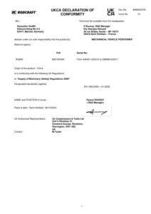 Prima pagină: Declarație de conformitate UKCA Cărucior de manevrare autoturisme Rodcraft RG590