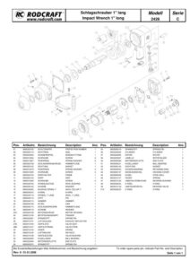 Prima pagină: Vedere explodată și lista de piese — 1/4 Pistol de impact pneumatic 1″ cu ax lung Rodcraft RC2426
