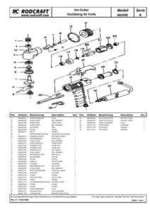 Prima pagină: Vedere explodată și lista de piese — 3/3 Cuțit pneumatic oscilant pentru decupat parbrize Rodcraft RC6605RE
