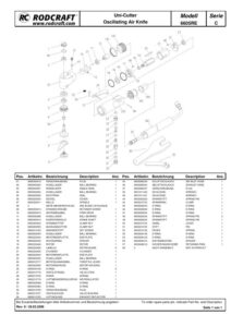 Prima pagină: Vedere explodată și lista de piese — 1/3 Cuțit pneumatic oscilant pentru decupat parbrize Rodcraft RC6605RE