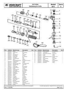 Prima pagină: Vedere explodată și lista de piese — 2/4 Cuțit pneumatic oscilant pentru parbrize de camioane și autobuze Rodcraft RC6610