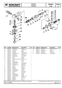 Prima pagină: Vedere explodată și lista de piese — 2/2 Mașină de lustruit unghiulară pneumatică Rodcraft RC7130