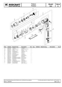 Prima pagină: Vedere explodată și lista de piese — 1/2 Set mașină de lustruit pneumatică Rodcraft RC7683K